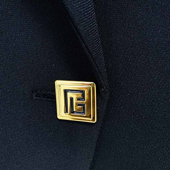 Women's Luxury black One Button Blazer Hand Sewn Golden Metal Studs Mid-length Blazer Coat