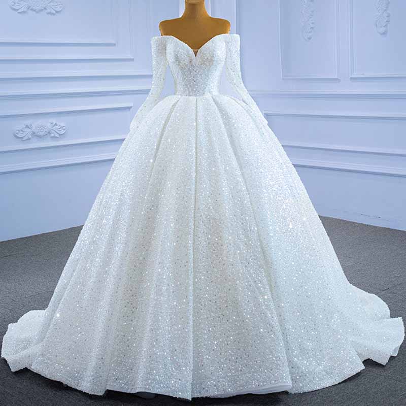 Long Sleeves Off The Shoulder Sequin- Beaded Wedding Dresses for Bridal Fall/Winter Wedding