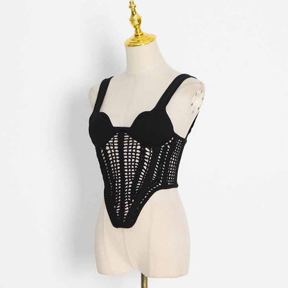 Sweetheart Neck Suspender Strap Crochet Knit Corset Crop Top