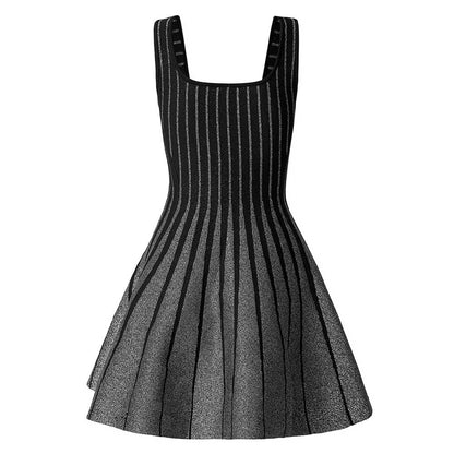 Knitted Mini Little Black Dress Square-Neck Sleeveless Slim Fit Short A-Line Dress
