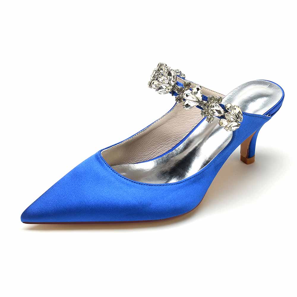 Women hand-made low heels party satin slippers with rhinestones