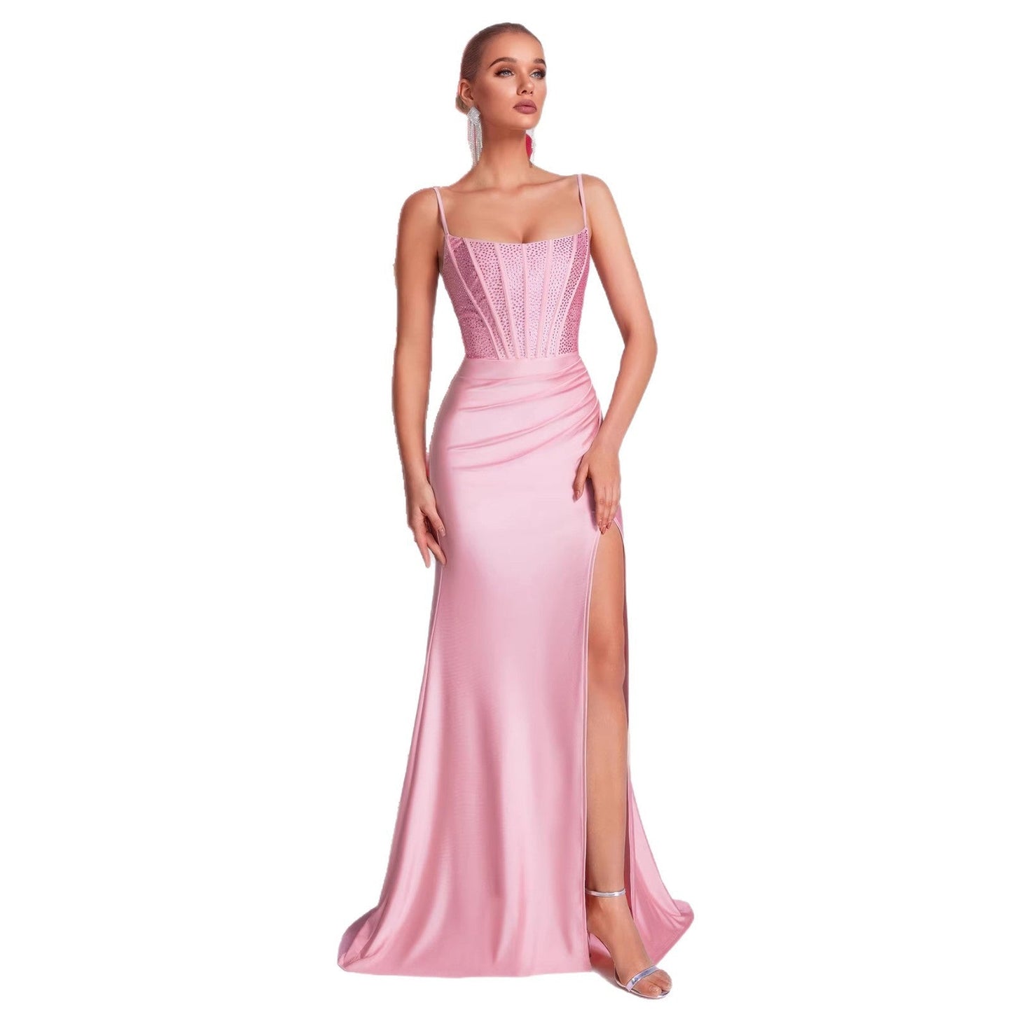 Pink Evening Gown – Crystal Appliques High Slit Mermaid Dress for Formal Events & Prom