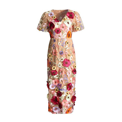 3D Flower Midi Dress Puff Sleeve Embroidered Midi Length Dress