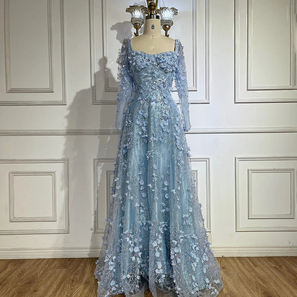 Long Sleeve Floral Tulle Evening Dress Prom Gown for Wedding Banquet