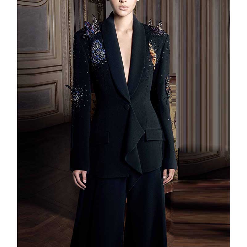 Women's Bow Sequin-Embellished Flared Pantsuit Black 2ps One Button Suit