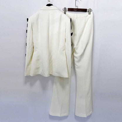 White Blazer Formal Set Black Bow Cut-Out Sleeves Flared Leg Pantsuit
