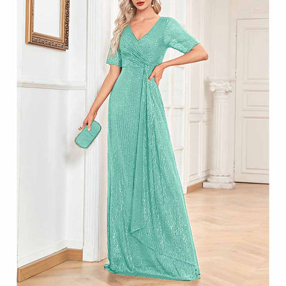 Womens V Neck Sequin Evening Formal Dress Short Sleeves Maxi Plus Size Prom Dress
