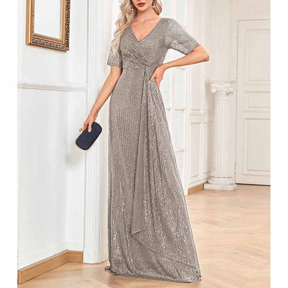 Womens V Neck Sequin Evening Formal Dress Short Sleeves Maxi Plus Size Prom Dress