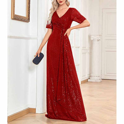 Womens V Neck Sequin Evening Formal Dress Short Sleeves Maxi Plus Size Prom Dress