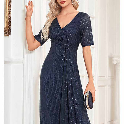 Womens V Neck Sequin Evening Formal Dress Short Sleeves Maxi Plus Size Prom Dress