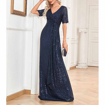 Womens V Neck Sequin Evening Formal Dress Short Sleeves Maxi Plus Size Prom Dress