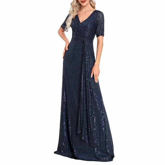 Womens V Neck Sequin Evening Formal Dress Short Sleeves Maxi Plus Size Prom Dress