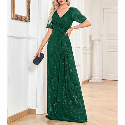 Womens V Neck Sequin Evening Formal Dress Short Sleeves Maxi Plus Size Prom Dress