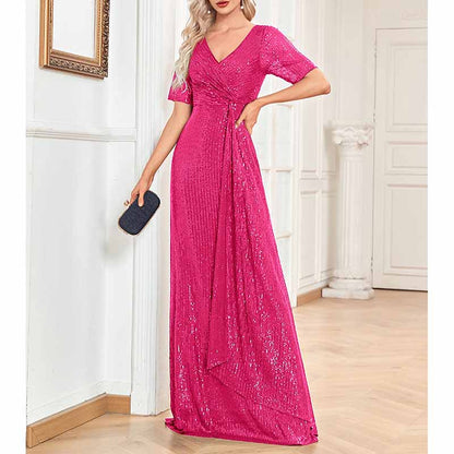 Womens V Neck Sequin Evening Formal Dress Short Sleeves Maxi Plus Size Prom Dress