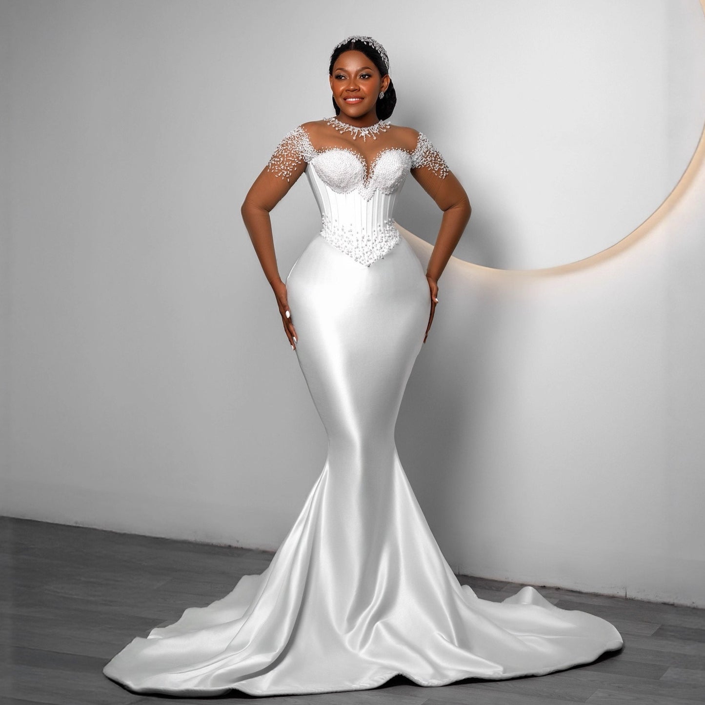 Beaded Illusion Neck Mermaid Wedding Dress – Satin Gown with Cap Sleeves & Train