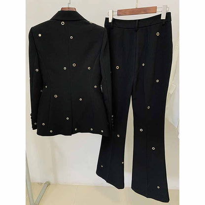 Women One Button Pantsuit Fitted Blazer + Flare Long Trousers Suit Pants Suit