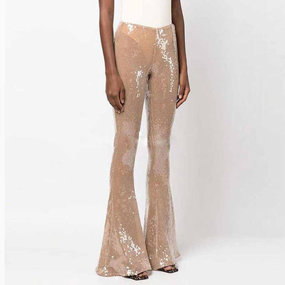 Womens Gold Bling Gold Party Pants Sparkle Sequin Stretch Mesh Flared Pants