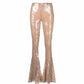 Womens Gold Bling Gold Party Pants Sparkle Sequin Stretch Mesh Flared Pants
