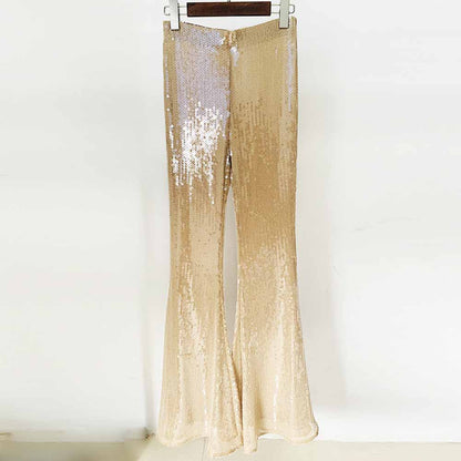 Womens Gold Bling Gold Party Pants Sparkle Sequin Stretch Mesh Flared Pants