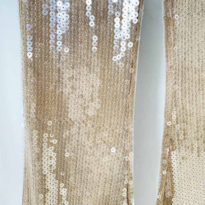 Womens Gold Bling Gold Party Pants Sparkle Sequin Stretch Mesh Flared Pants