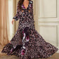 Womens Long Sleeves Dark Brown Floral-Printed Maxi Dress