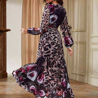 Womens Long Sleeves Dark Brown Floral-Printed Maxi Dress