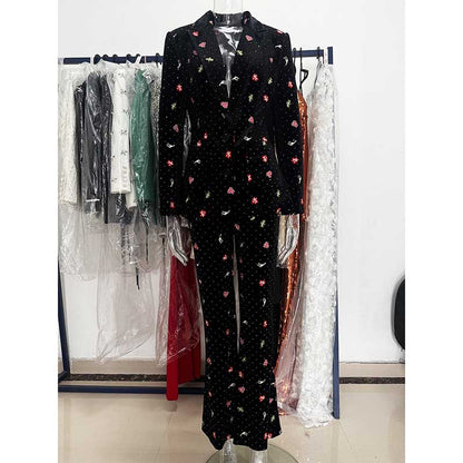Black Velvet Floral Embroidered Blazer Flared Formal Suit