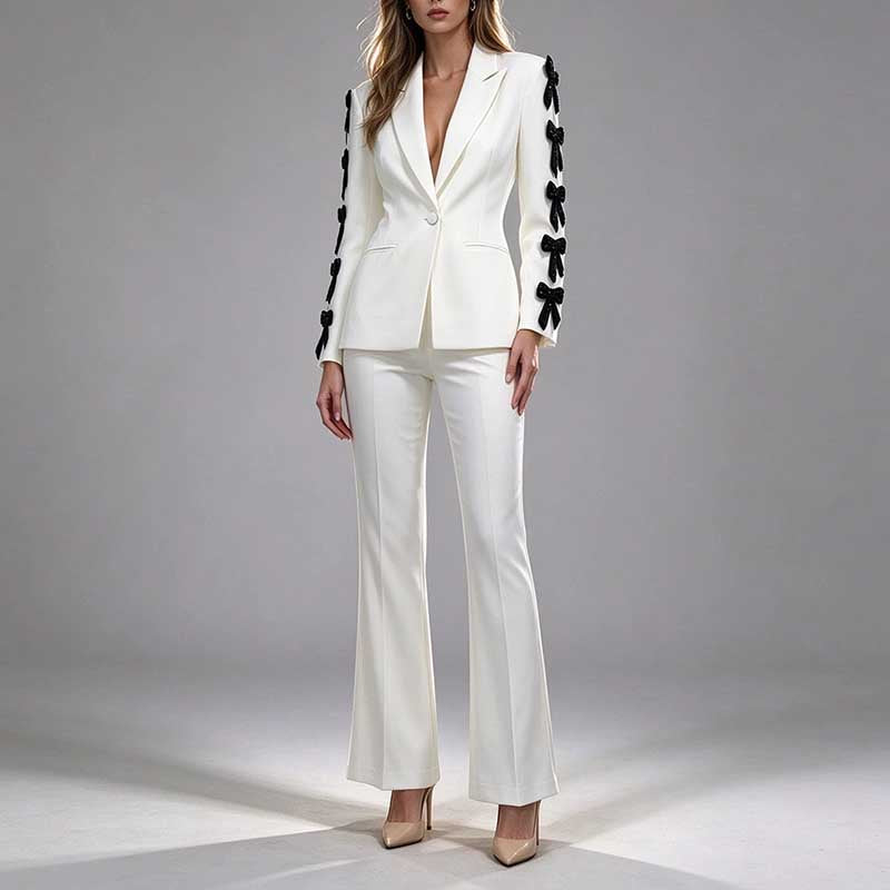 White Blazer Formal Set Black Bow Cut-Out Sleeves Flared Leg Pantsuit