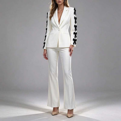 White Blazer Formal Set Black Bow Cut-Out Sleeves Flared Leg Pantsuit
