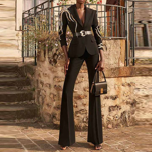 Women Formal Pantsuits With Belt hot drilling Flare Bottoms Two Pieces Pants Set