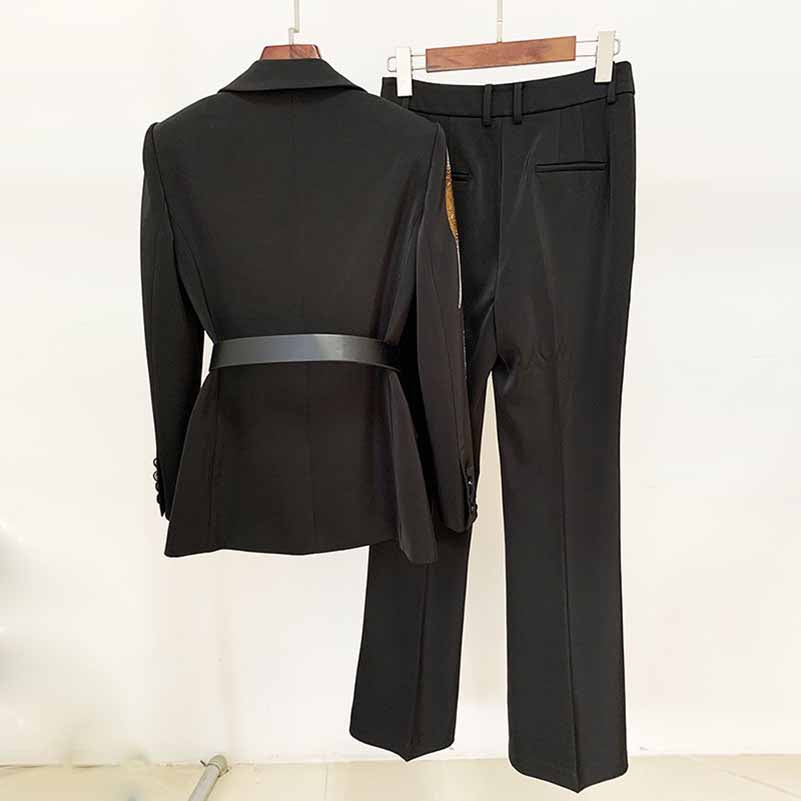 Women Formal Pantsuits With Belt hot drilling Flare Bottoms Two Pieces Pants Set