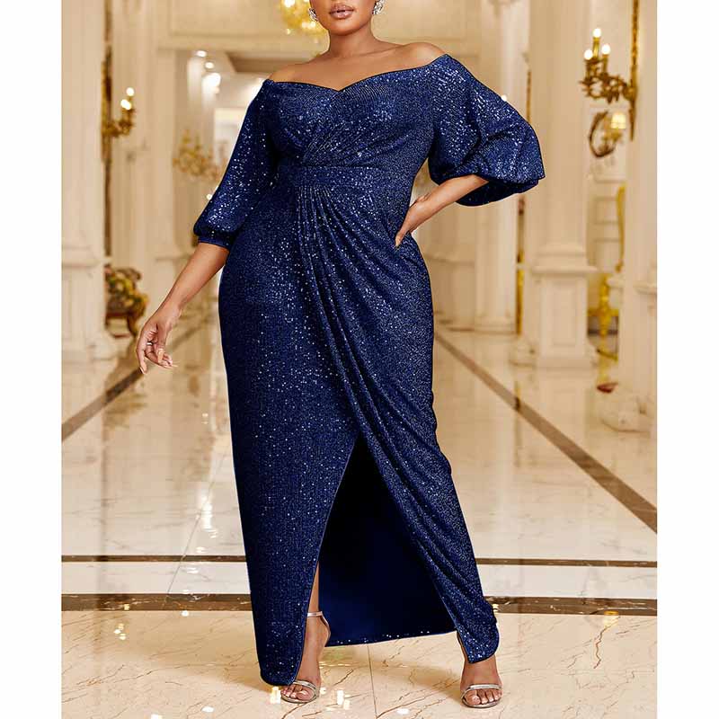 Plus Size Prom Dress In Navy Blue Sequin High Slit Maxi Dress