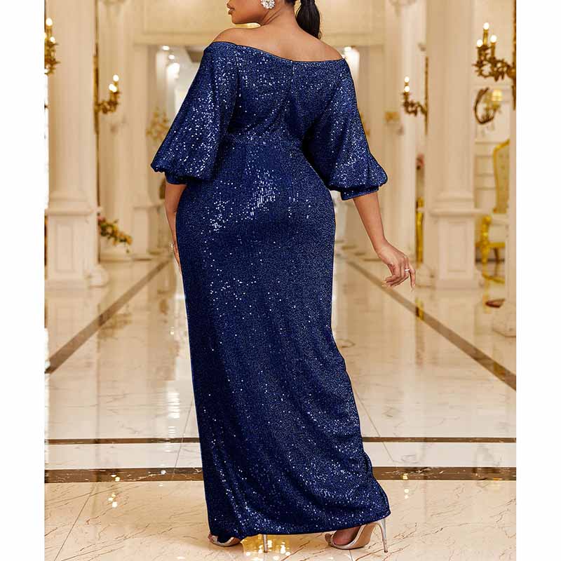 Plus Size Prom Dress In Navy Blue Sequin High Slit Maxi Dress