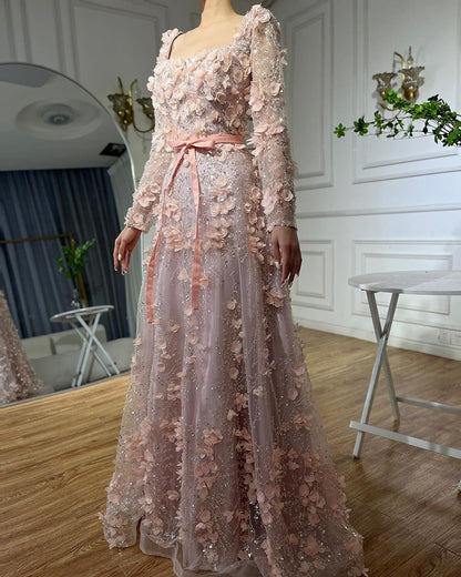 Long Sleeve Floral Tulle Evening Dress Prom Gown for Wedding Banquet