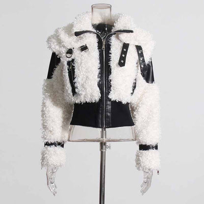 Women's Winter Coat Spliced PU Leather and Lambwoolen Outwaer Coat