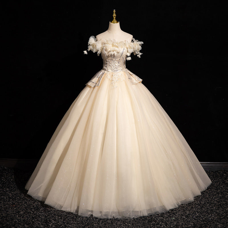Off-Shoulder Ball Gown with 3D Floral Appliqués – Sparkling Tulle Prom Dress | Formal Evening Gown