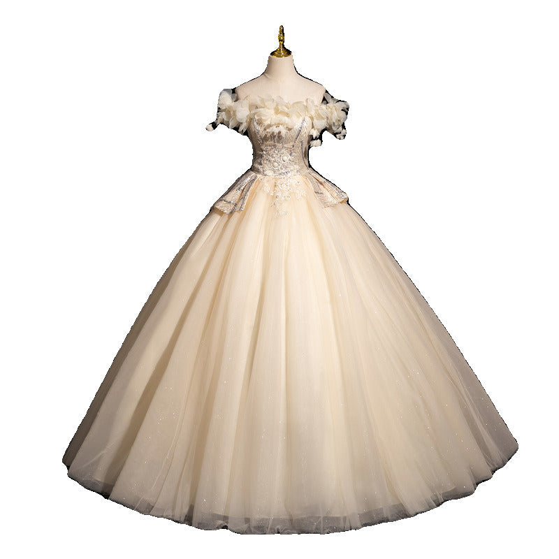Off-Shoulder Ball Gown with 3D Floral Appliqués – Sparkling Tulle Prom Dress | Formal Evening Gown