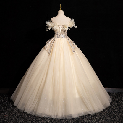 Off-Shoulder Ball Gown with 3D Floral Appliqués – Sparkling Tulle Prom Dress | Formal Evening Gown