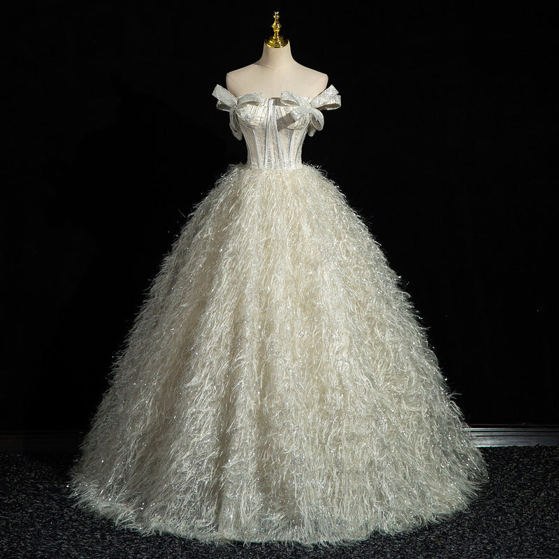 Off-Shoulder Feather Wedding Dress | Glitter Ball Gown Bridal Gown with Corset Back | Custom Made Princess Wedding Dress