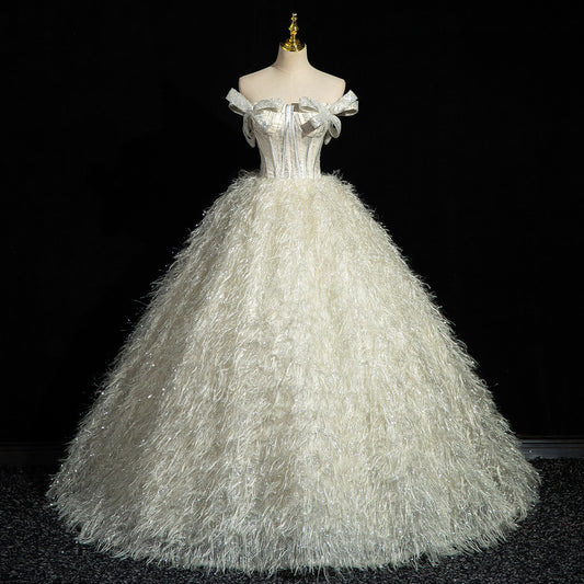 Off-Shoulder Feather Wedding Dress | Glitter Ball Gown Bridal Gown with Corset Back | Custom Made Princess Wedding Dress