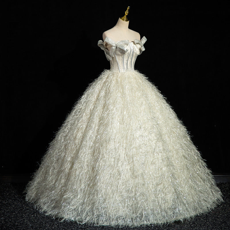 Off-Shoulder Feather Wedding Dress | Glitter Ball Gown Bridal Gown with Corset Back | Custom Made Princess Wedding Dress