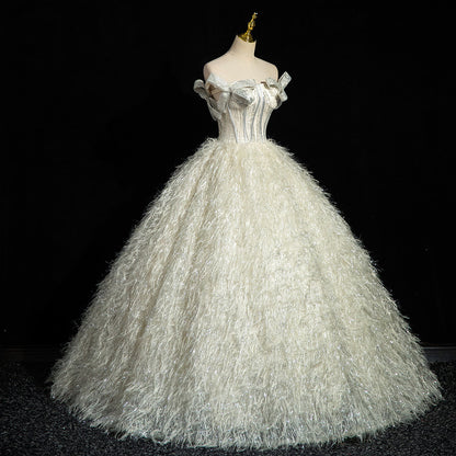 Off-Shoulder Feather Wedding Dress | Glitter Ball Gown Bridal Gown with Corset Back | Custom Made Princess Wedding Dress