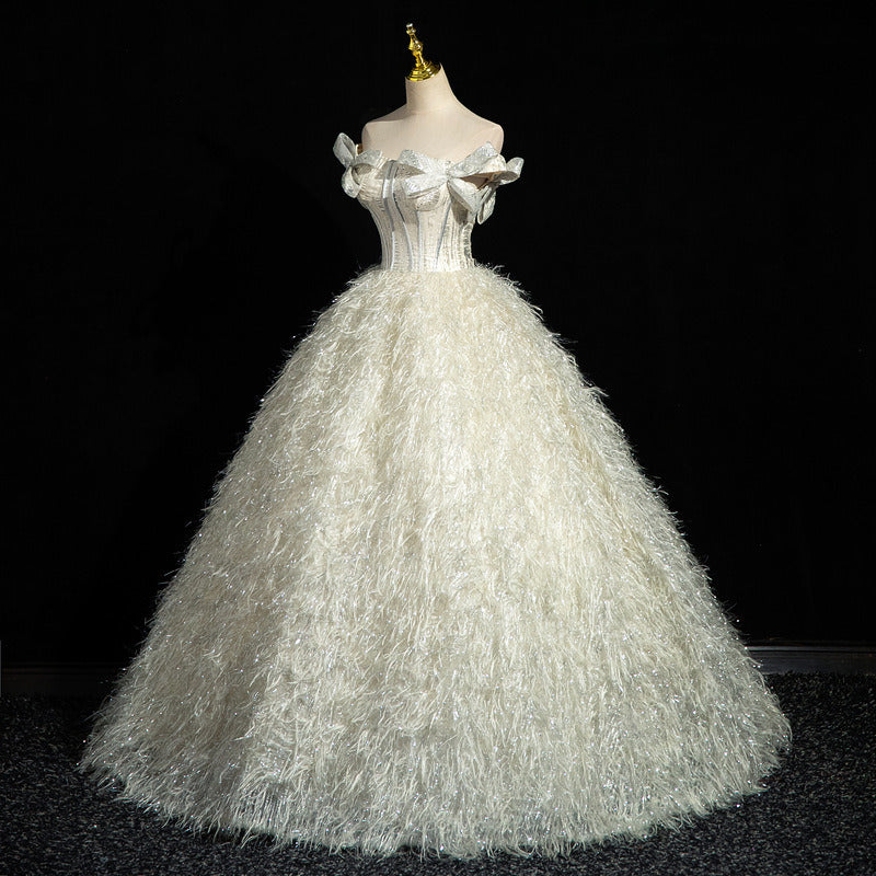 Off-Shoulder Feather Wedding Dress | Glitter Ball Gown Bridal Gown with Corset Back | Custom Made Princess Wedding Dress