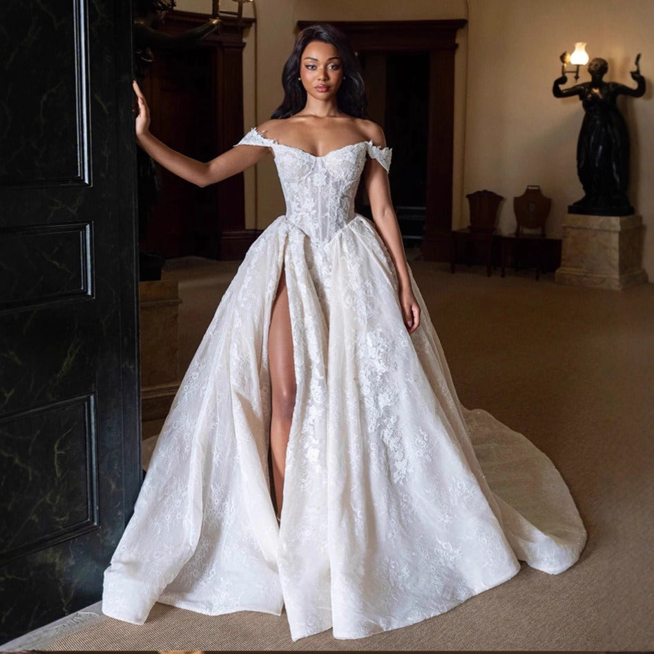 Off-Shoulder Lace Ball Gown Wedding Dress – High Slit & Corset Bodice