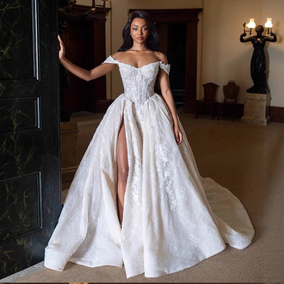 Off-Shoulder Lace Ball Gown Wedding Dress – High Slit & Corset Bodice
