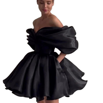 Off-Shoulder Puff Sleeve Mini Dress – Satin Cocktail Party Dress for Women | Bridal Shower, Wedding Guest, Date Night, Formal Event