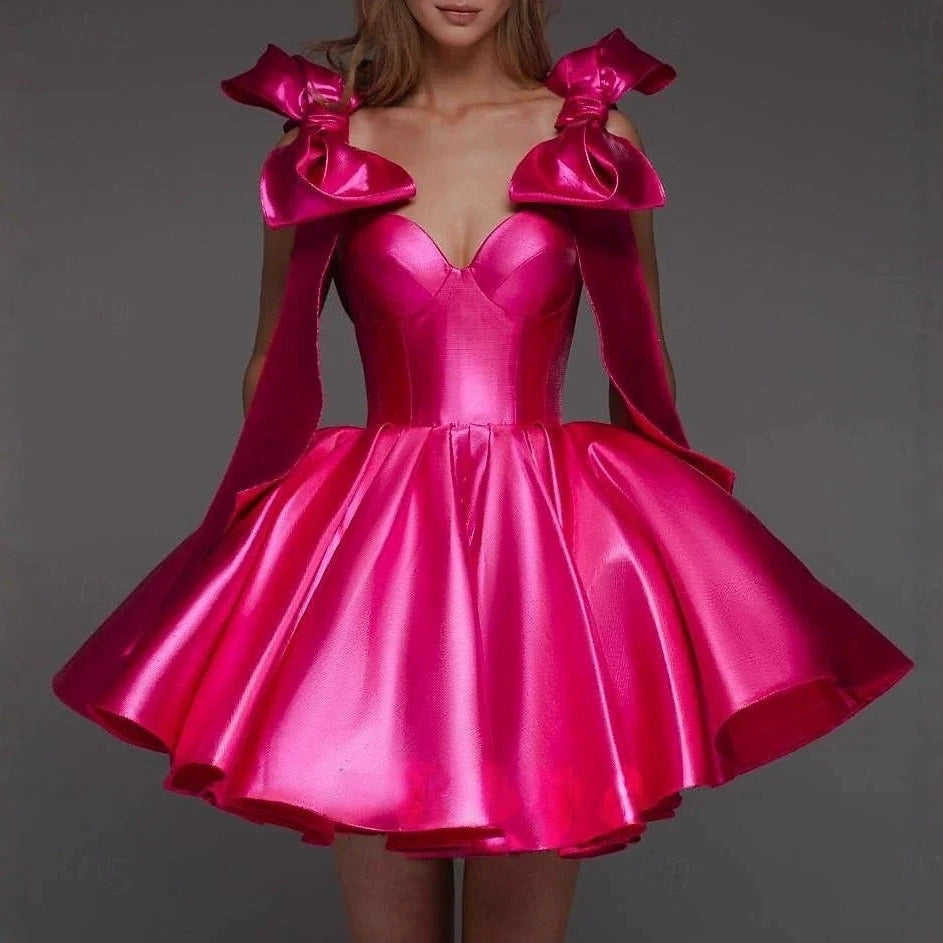 Satin Mini Dress | Off-Shoulder Sweetheart Neckline Party Dress with Attached Cape