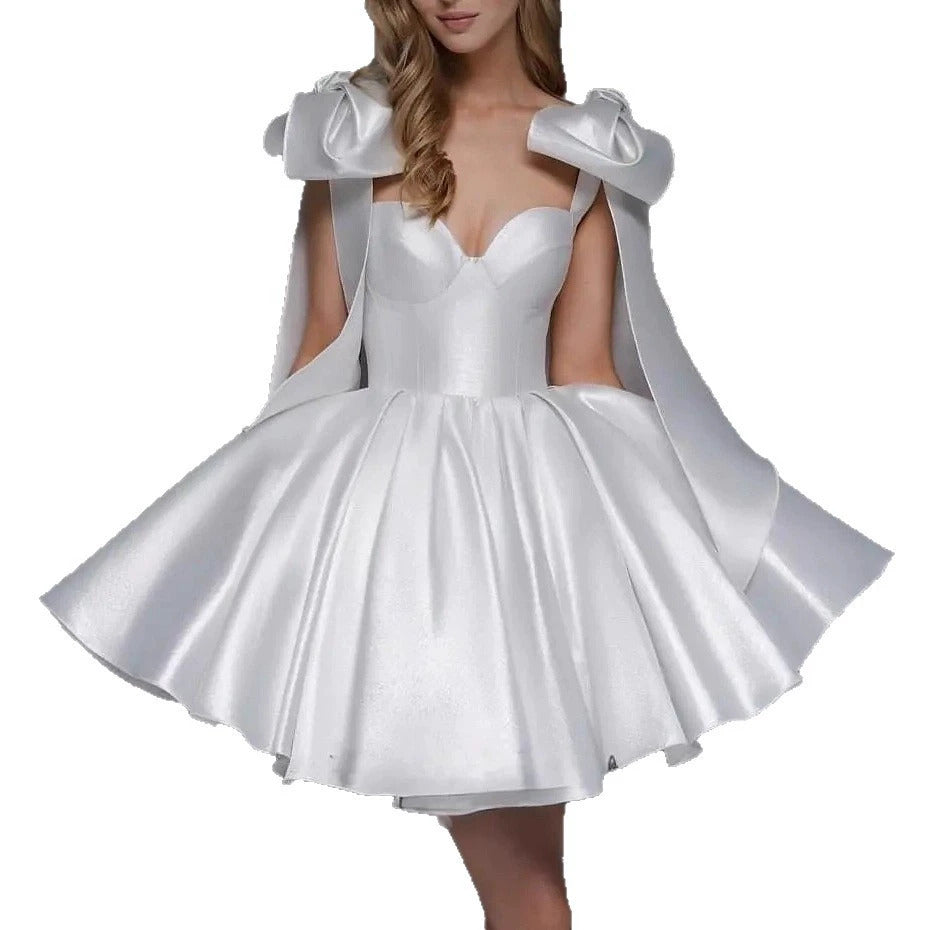Satin Mini Dress | Off-Shoulder Sweetheart Neckline Party Dress with Attached Cape