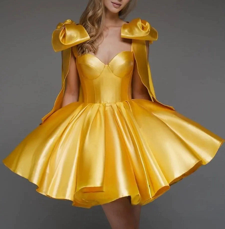 Satin Mini Dress | Off-Shoulder Sweetheart Neckline Party Dress with Attached Cape