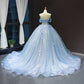 Off-The-Shoulder Sky Blue Tulle Ball Gown Dress